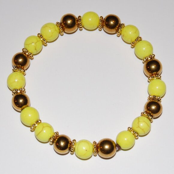 Yellow and Gold Bracelet,Stone and Golden 8mm Beads,Handmade Bracelet - Picture 2 of 2